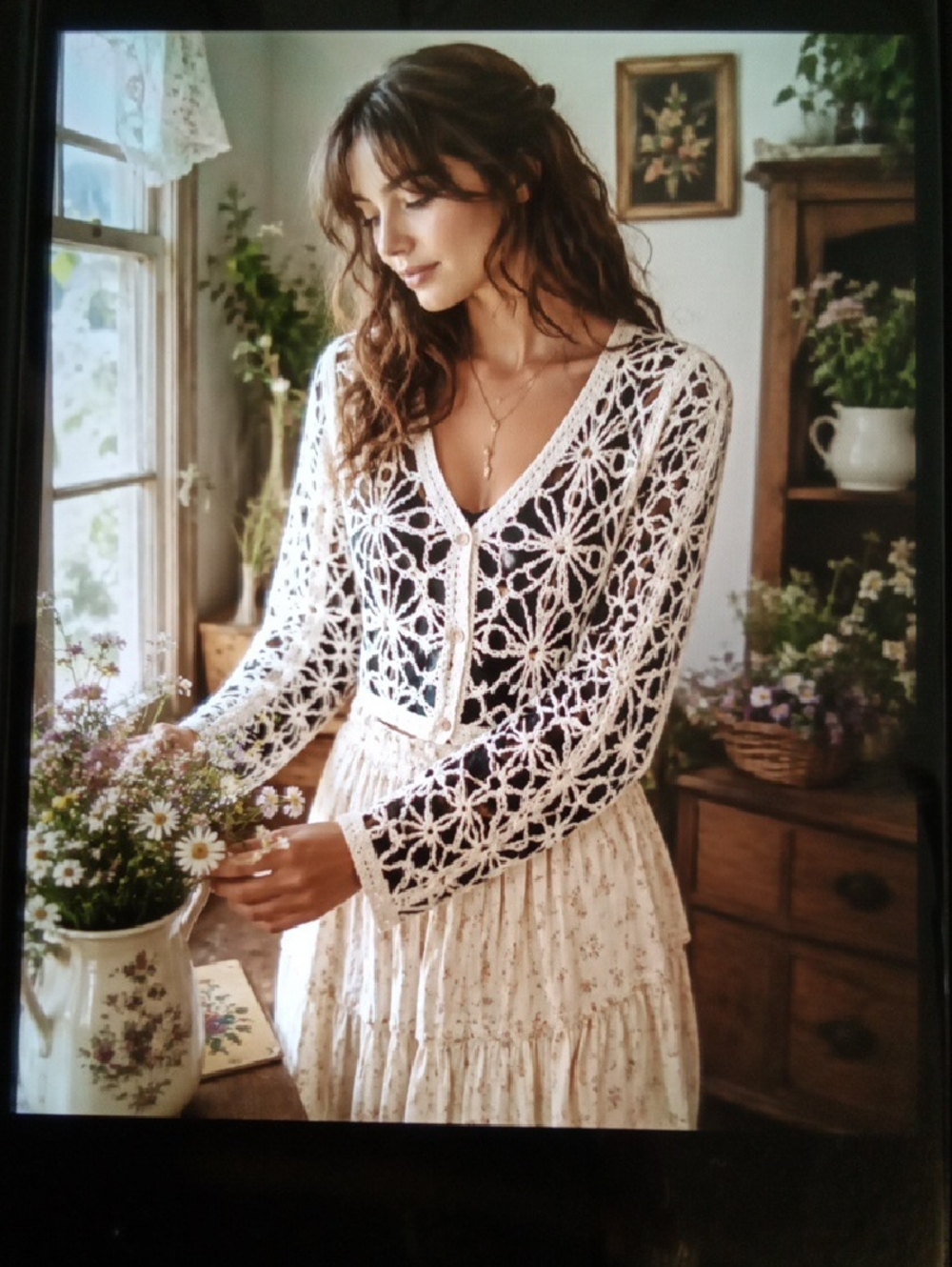 Solitaire Black and Cream Crochet Lace Cardigan Cottagecore Festival Womens S
